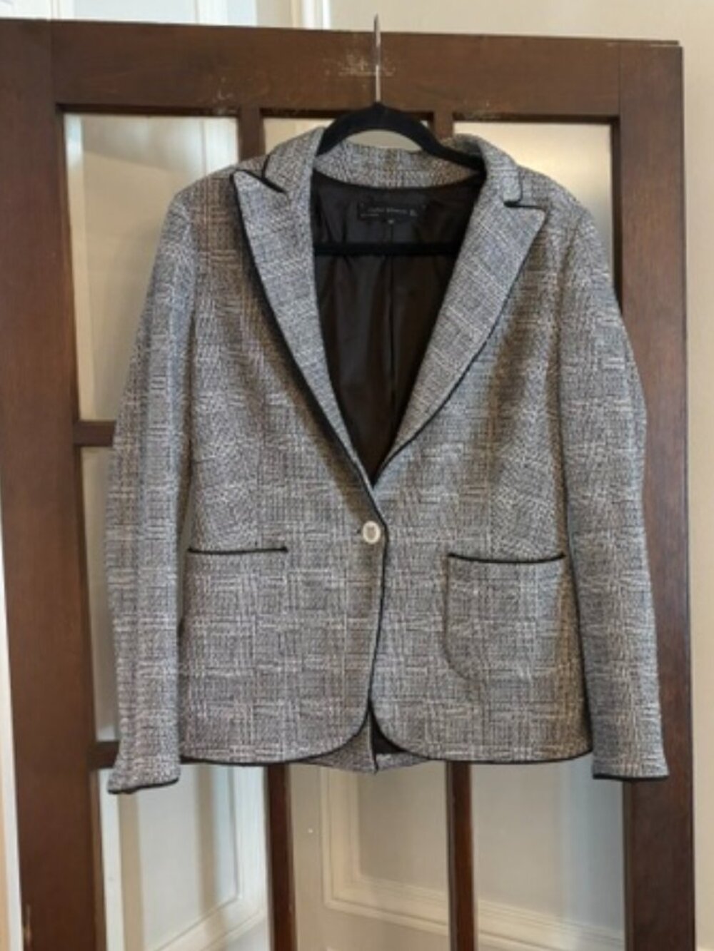 Zara Black and White Tweed Blazer with Black Piping, Size Large